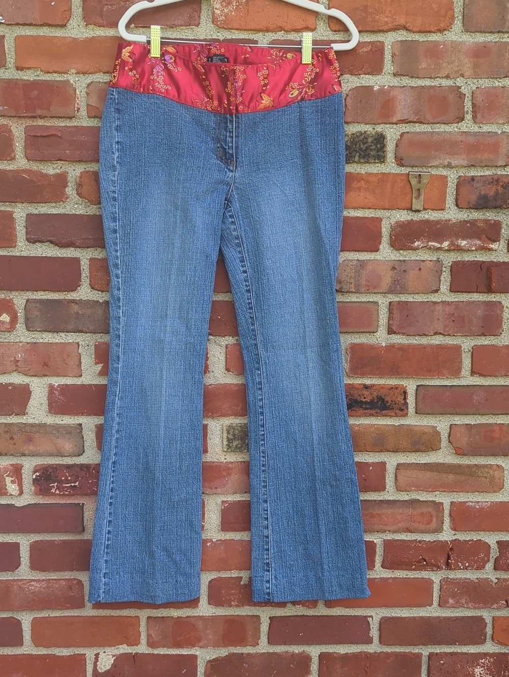 INC International Concepts Blue Flare Jeans with Red Floral Waistband